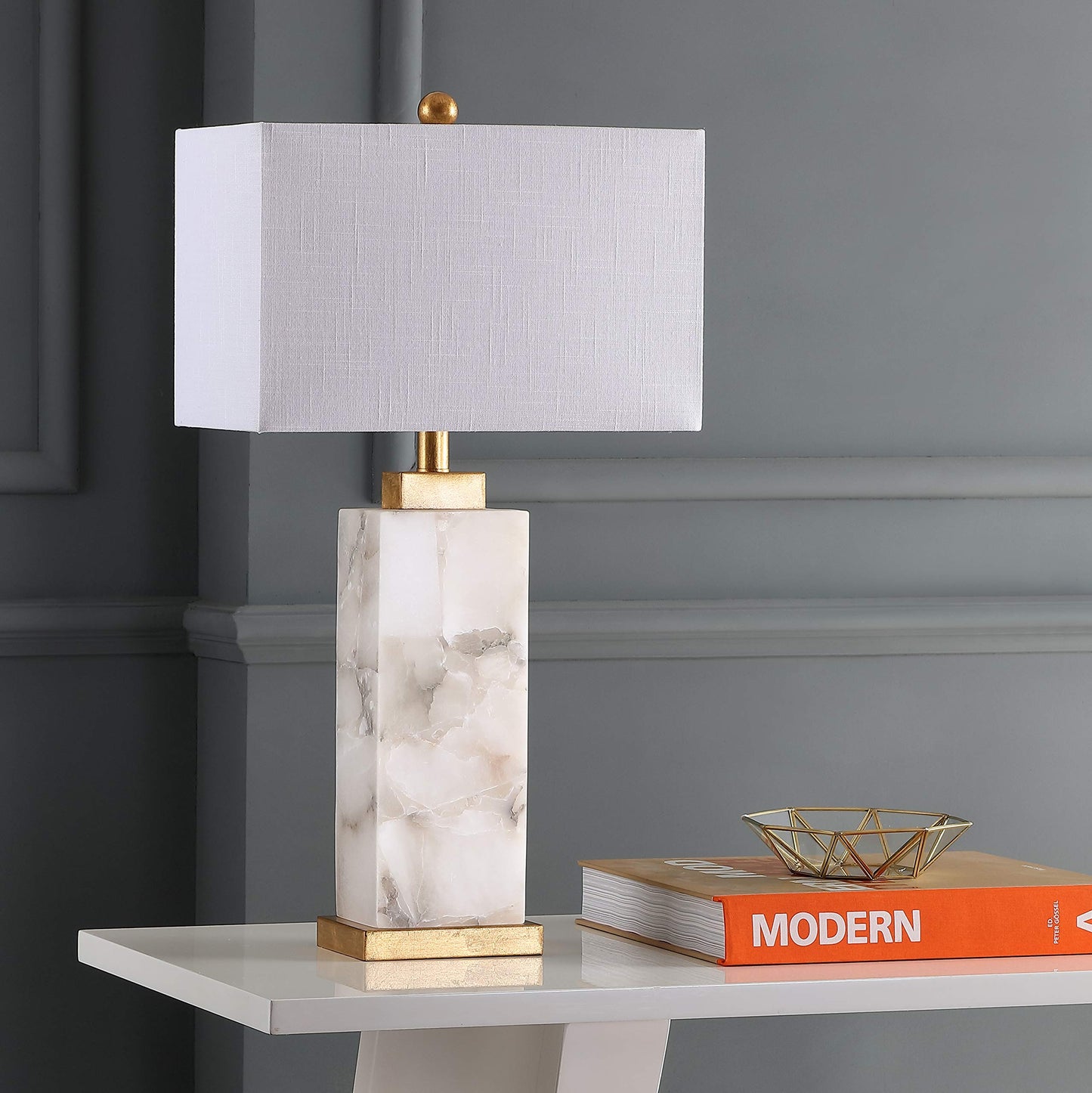 JONATHAN Y 24.25" Black/White Modern Alabaster LED Table Lamp for Home Decor, White Linen Shade, Coastal Nightstand Lamp with Built-in Base Accent Light (JYL8507A)