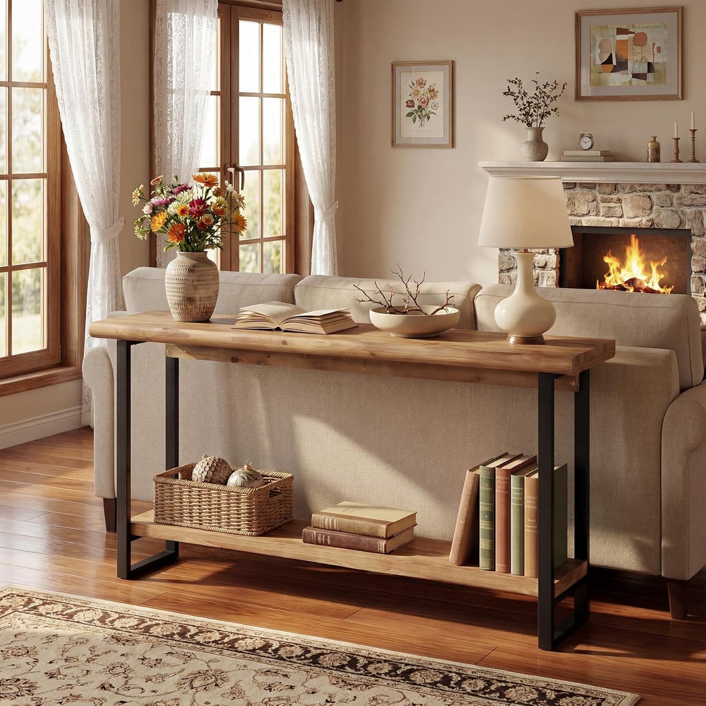 Solid Wood Live-Edge Console Table for Entryway, Farmhouse 63-Inch Narrow Long Sofa Table Behind Couch with Unique Shape, Heavy-Duty Metal Legs, Ideal for Foyer, Entrance, Living Room