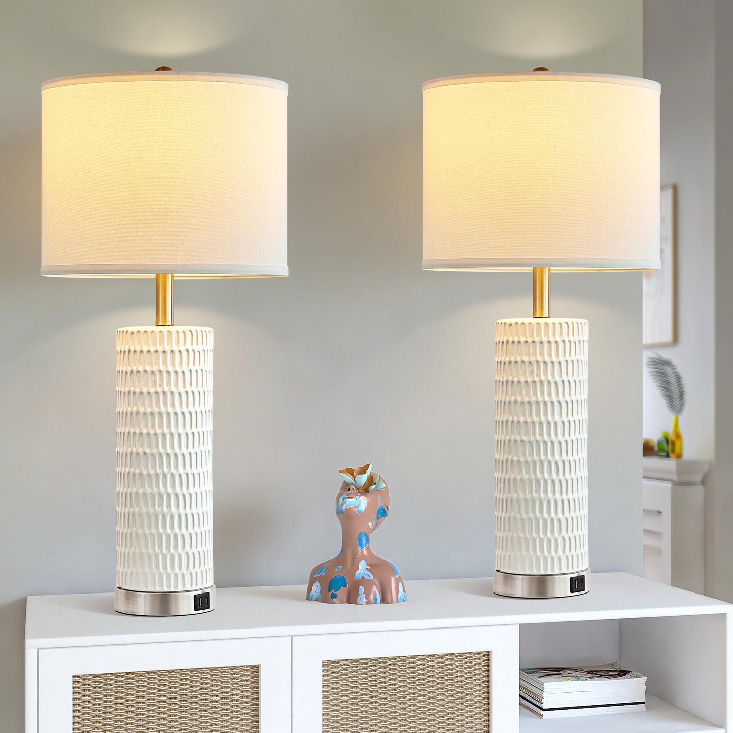White Ceramic Table Lamps Set of 2, 28" Lamps for Living Room with USB C+A Ports, Touch Lamps for Nightstand, 2 Bulbs Included