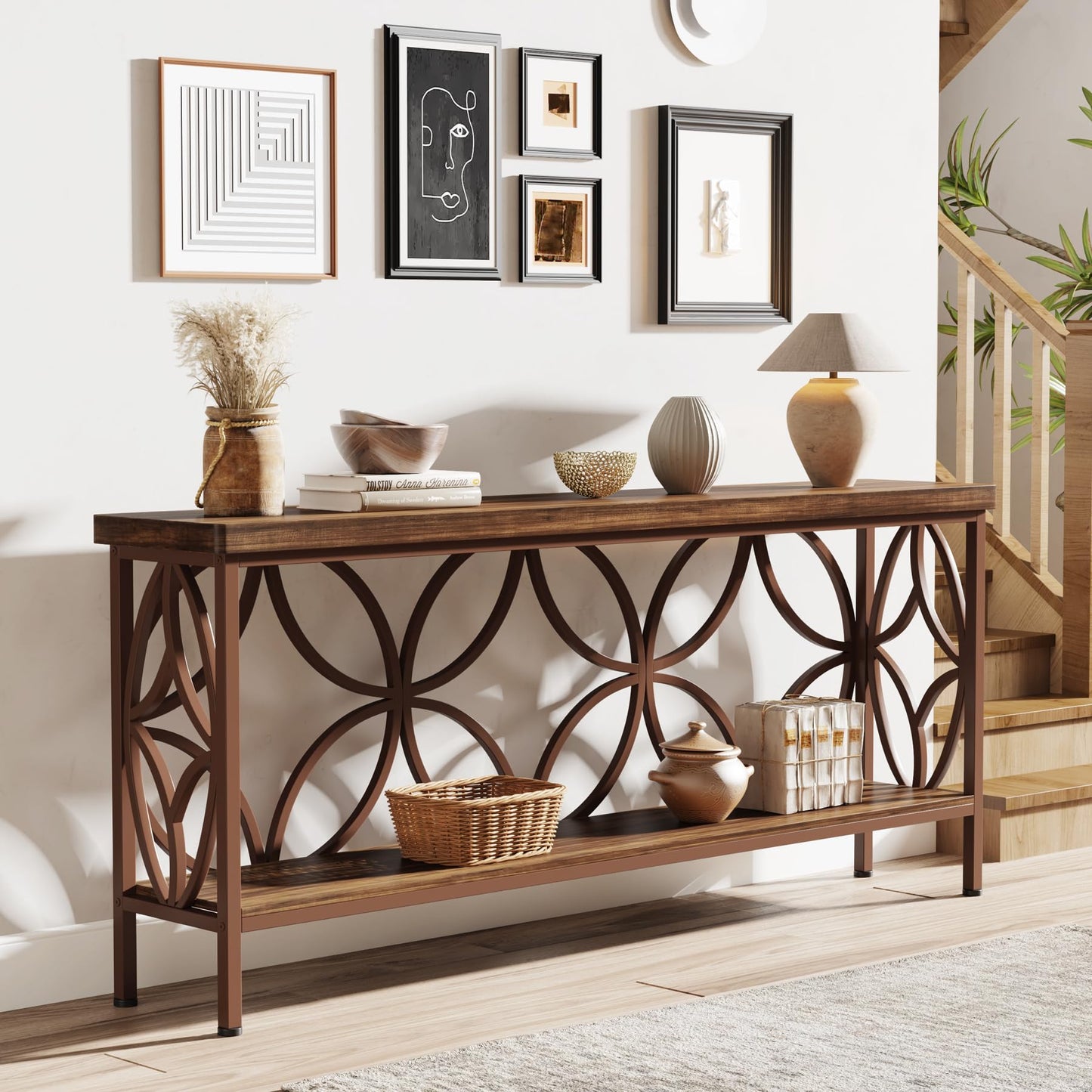Tribesigns 70.9-Inch Narrow Sofa Table, Industrial Long Sofa Table Behind Couch, Entry Console Table with Storage for Entryway, Living Room, Foyer, Unique Design, Rustic Brown