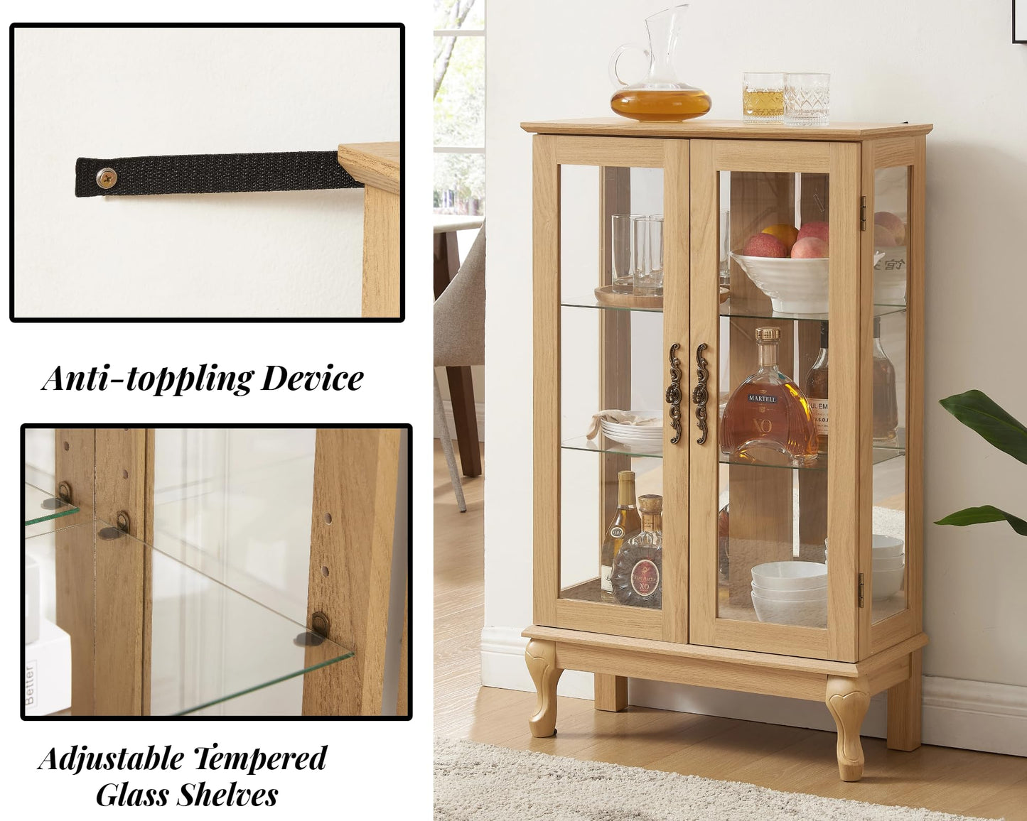 LKTART Curio Glass Display Cabinet,Storage Cabinet with Lights and Mirrored Back Panel,China Cabinet with Tempered Glass Doors and Shelves,Collectible Display Shelf,Included Bulb White