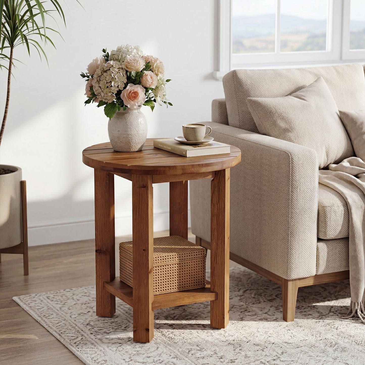 Round Side Table, 2-Tier Solid Wood End Table with Storage Shelf, Small Farmhouse Accent Table with Grooved Textured Tabletop for Living Room, Bedroom, Brown (1)