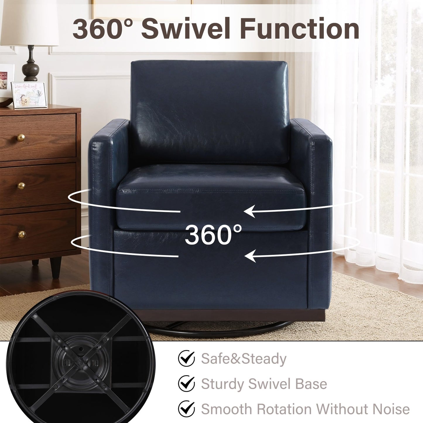 Faux Leather Swivel Accent Chairs Set of 2, 360° Swivel Upholstered Club Armchairs for Living Room, 31" Wide Square Single Sofa Reading Chair with Deep Seat, Metal Swivel Base, Navy