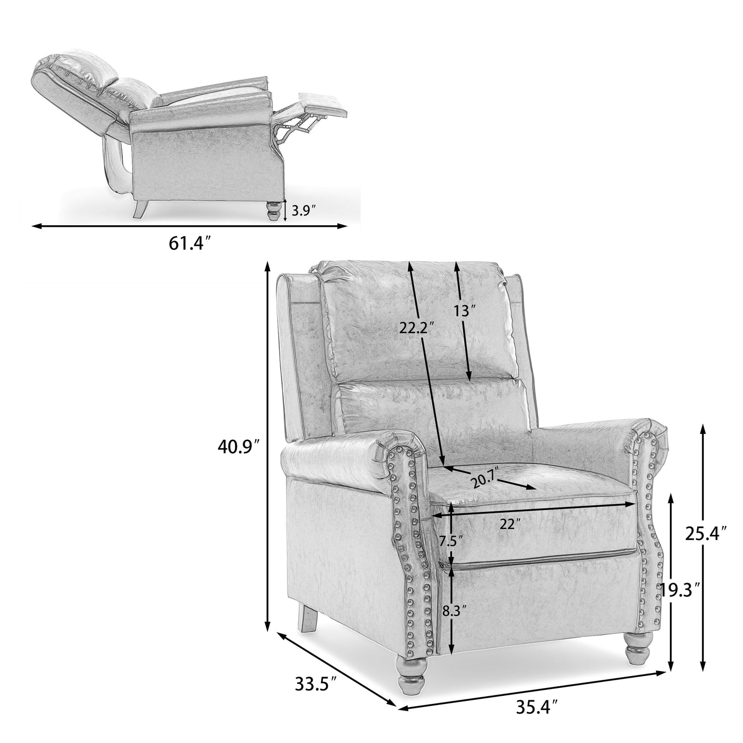 Pushback Recliner Chairs Set of 2, Comfy Fabric Wingback Recliner Chair, Upholstered Armchair Push Back Recliner with Wood Legs, Rivet Trim Accent Chair for Living Room, Bedroom, Blue Stripe