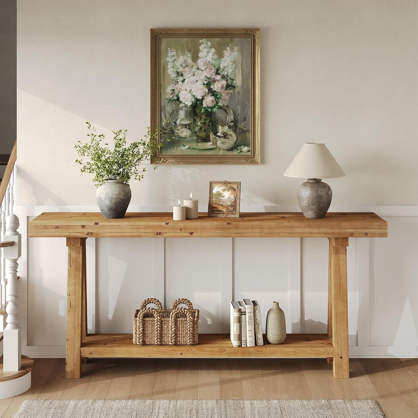 70.9-Inch Solid Wood Console Table for Entryway, Farmhouse Long Sofa Table with Shelves for Living Room, Hallway, Foyer, Easy Assembly
