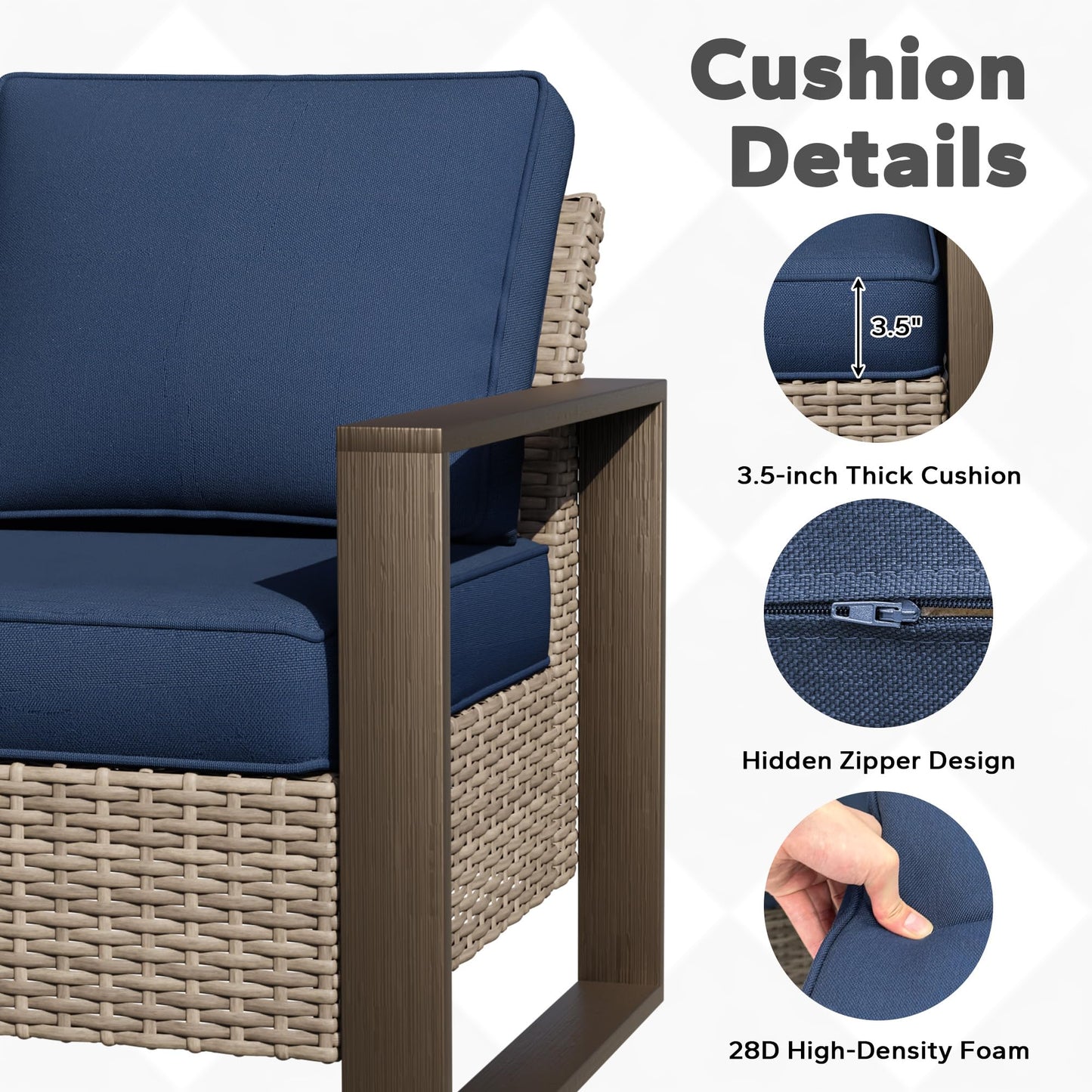 Joyside Outdoor Patio Wicker Sofa, 3-Seater Rattan Sofa with Thick Olefin Cushions and Metal Steel Rectangular Framed Armrest -Looking Metal Armrest Suitable for Garden, Backyard, Porch, Deck