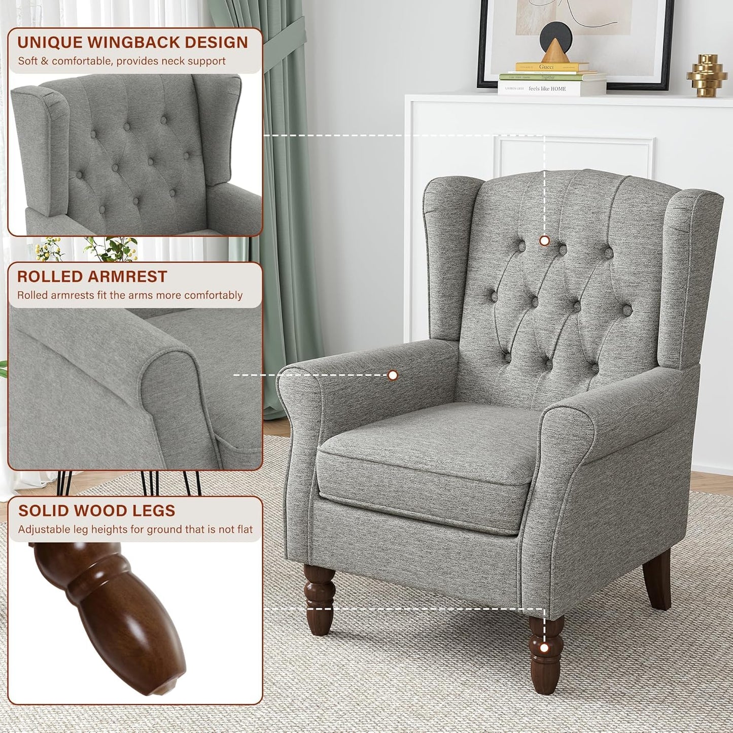Faux Leather Wingback Chairs Set of 2, High Back Accent Chair for Living Room, Button-Tufted Upholstered Armchair with Solid Wood Legs, Comfy Reading Chair for Bedroom, Brown