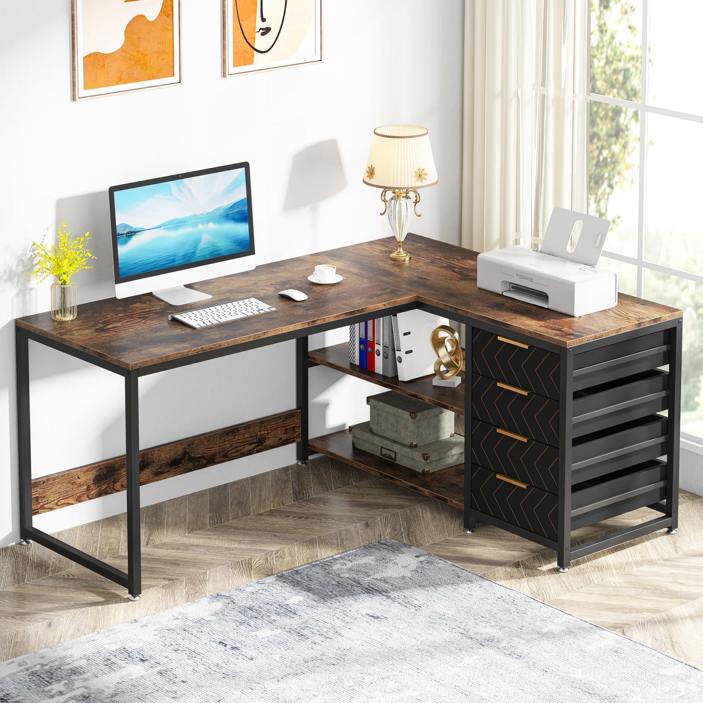 Tribesigns L Shaped Computer Desk with Storage Drawers, 59 inch Corner Desk with Shelves, Reversible L-Shaped Office Desk Study Writing Table Workstation for Home Office, Walnut & White