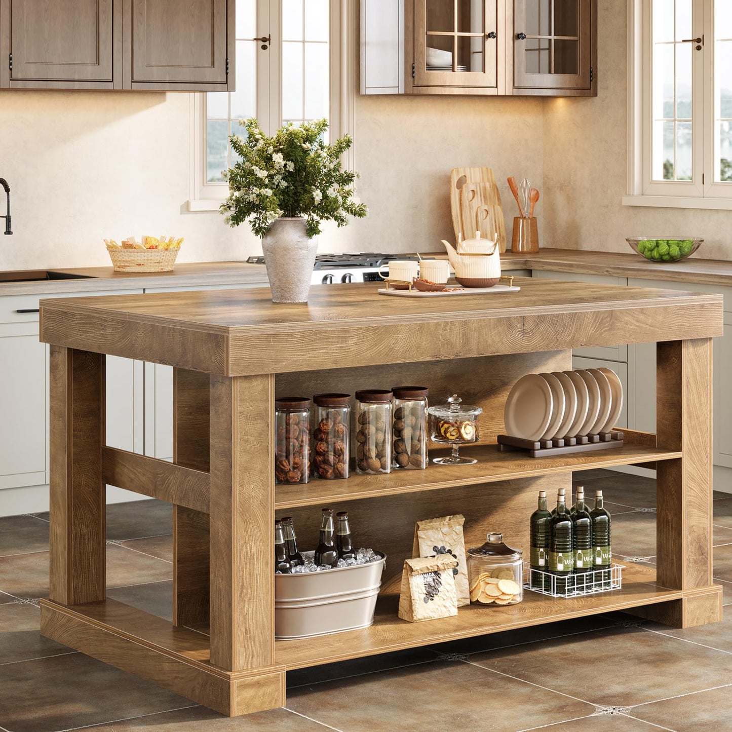 Tribesigns 55" Kitchen Island with Seating and Storage, 3-Tier Farmhouse Wood Stationary Island Table with Large Worktop & Leg Room, Coffee Bar Table with Storage Shelves for Kitchen, White and Brown