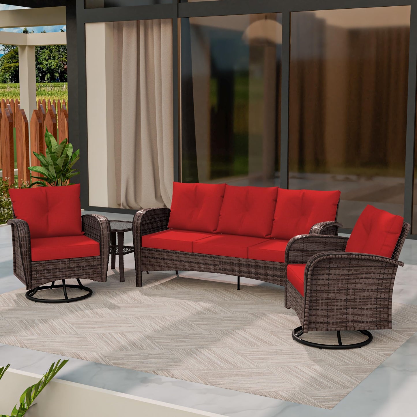 4 Piece Patio Conversation Set - 2 Swivel Chairs 1 Coffee Table 3-Seater Sofa, PE Wicker & Steel Patio Furniture with Heavy-Duty Steel Frame,Weatherproof Cushions, Red