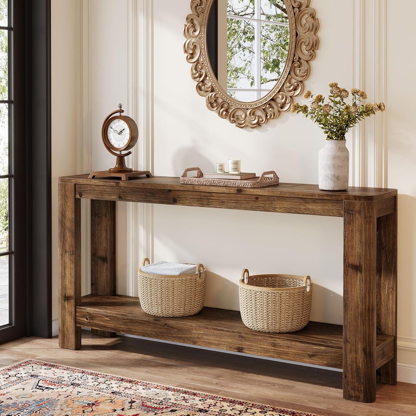 Solid Wood Console Table for Entryway, 63" Farmhouse Slim Sofa Table with 2-Tier Storage Shelf, Rustic Modern Narrow Hall Entry Furniture for Living Room, Entrance, Foyer, Hallway or Bedroom