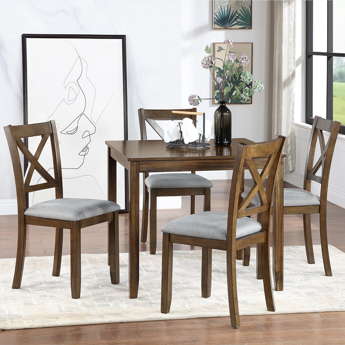 LKTART 5-Piece Kitchen & Dining Room Table and Chairs Sets,Small Square Kitchen Table with 4 Upholstered XX-Shaped Backrest Chairs,Walnut