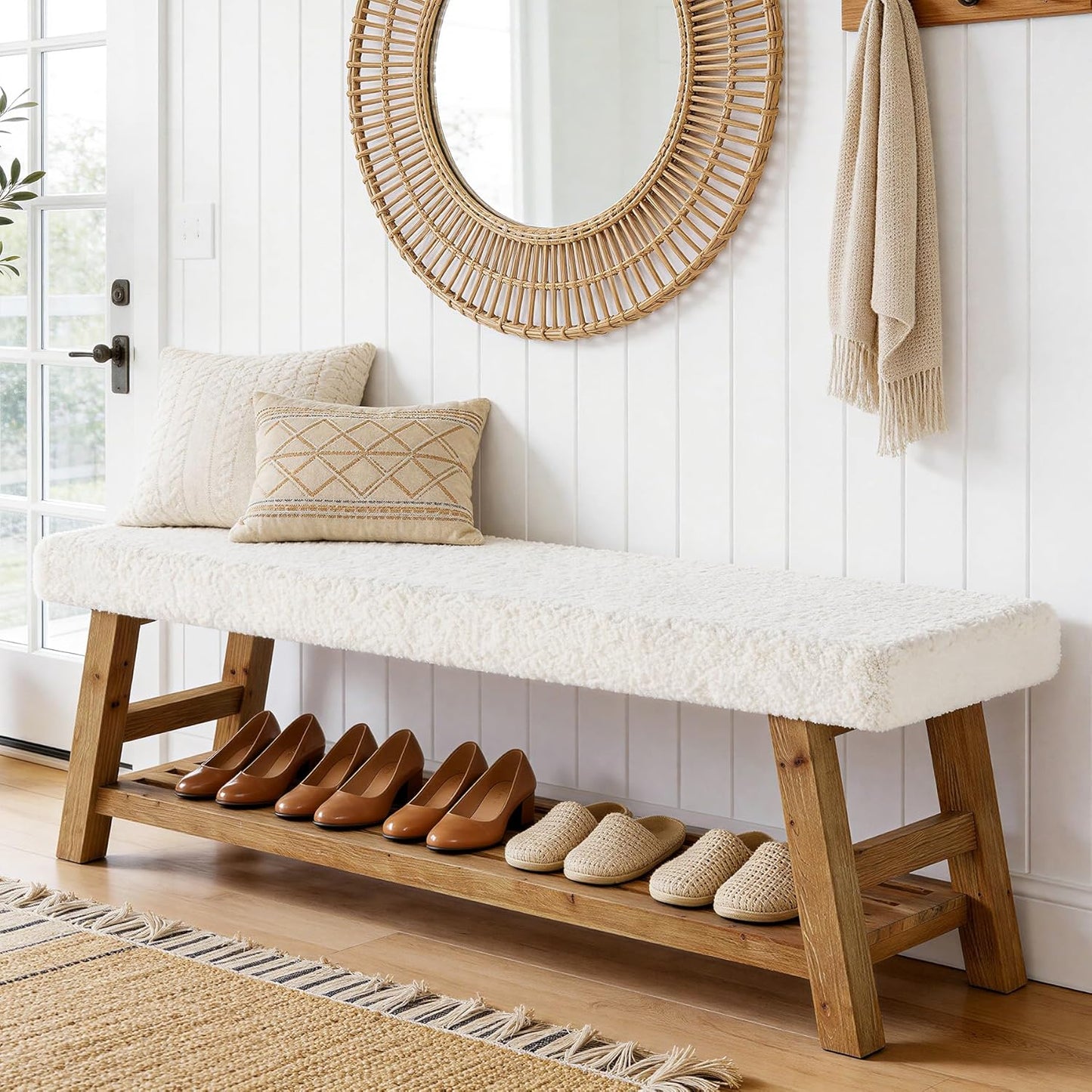 55-Inch Upholstered Entryway Bench, 2-Tier Solid Wood Shoe Bench with Cushion and Storage, Modern End of Bed Seating for Bedroom, Entryway, Hallway, Living Room, White & Brown