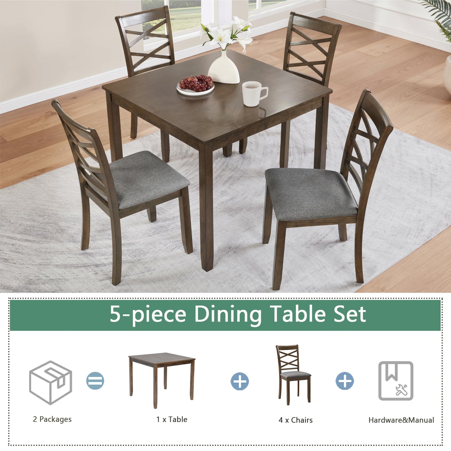 LKTART 5-Piece Kitchen & Dining Room Table and Chairs Sets,Small Square Kitchen Table with 4 Upholstered XX-Shaped Backrest Chairs,Walnut