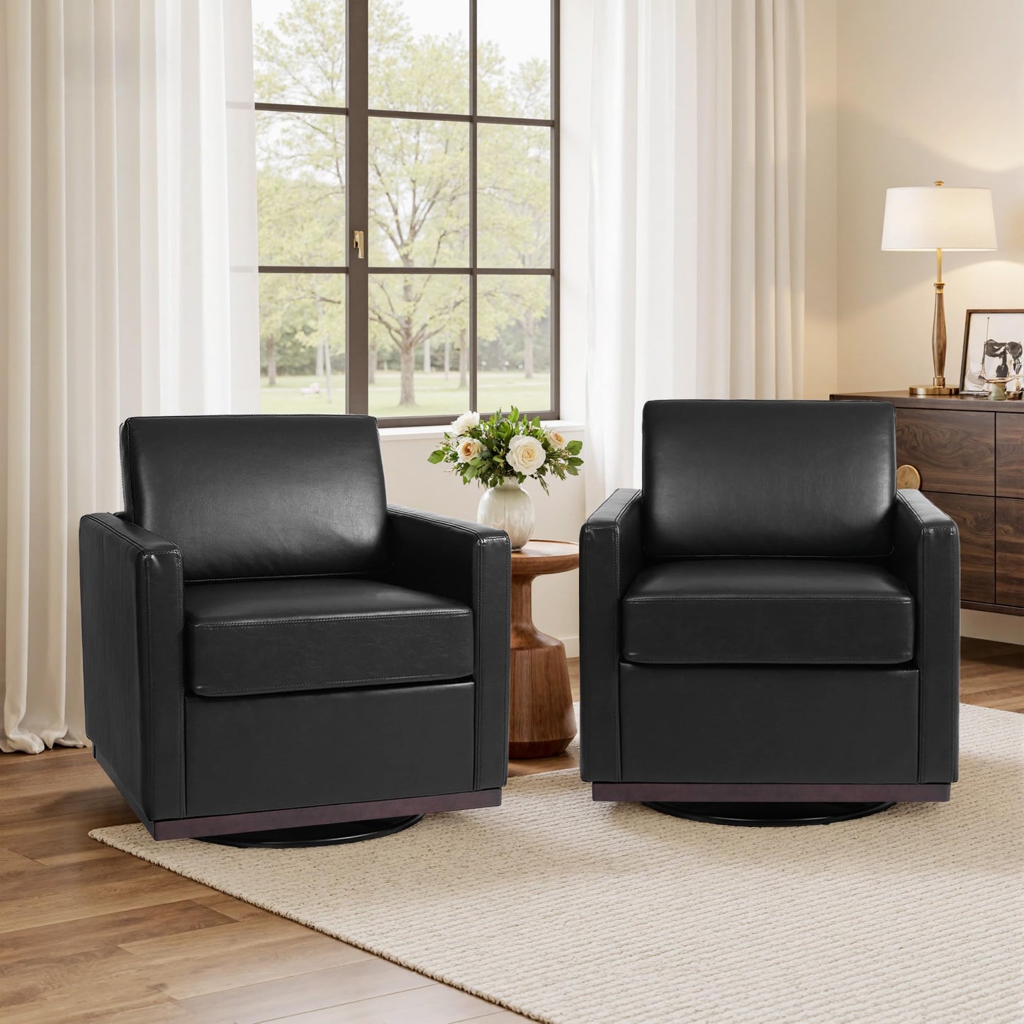 Faux Leather Swivel Accent Chairs Set of 2, 360° Swivel Upholstered Club Armchairs for Living Room, 31" Wide Square Single Sofa Reading Chair with Deep Seat, Metal Swivel Base, Navy
