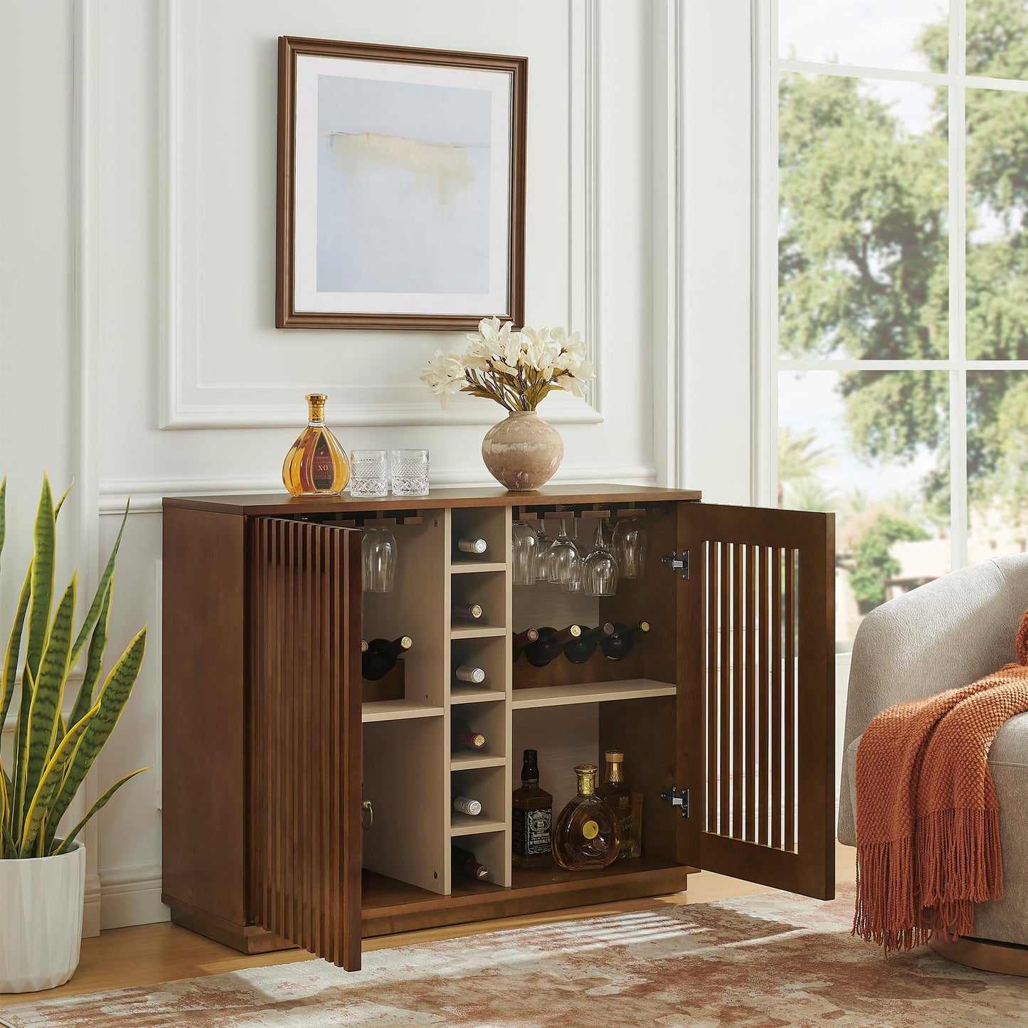 LKTART Wine Cabinet & Coffee Bar with Bottle Holders & Stemware Racks,Liquor Cabinet with Open Storage and Built-in Door Shelves,Bar Cabinet with Solid Wood Legs and Adjustable Shelf