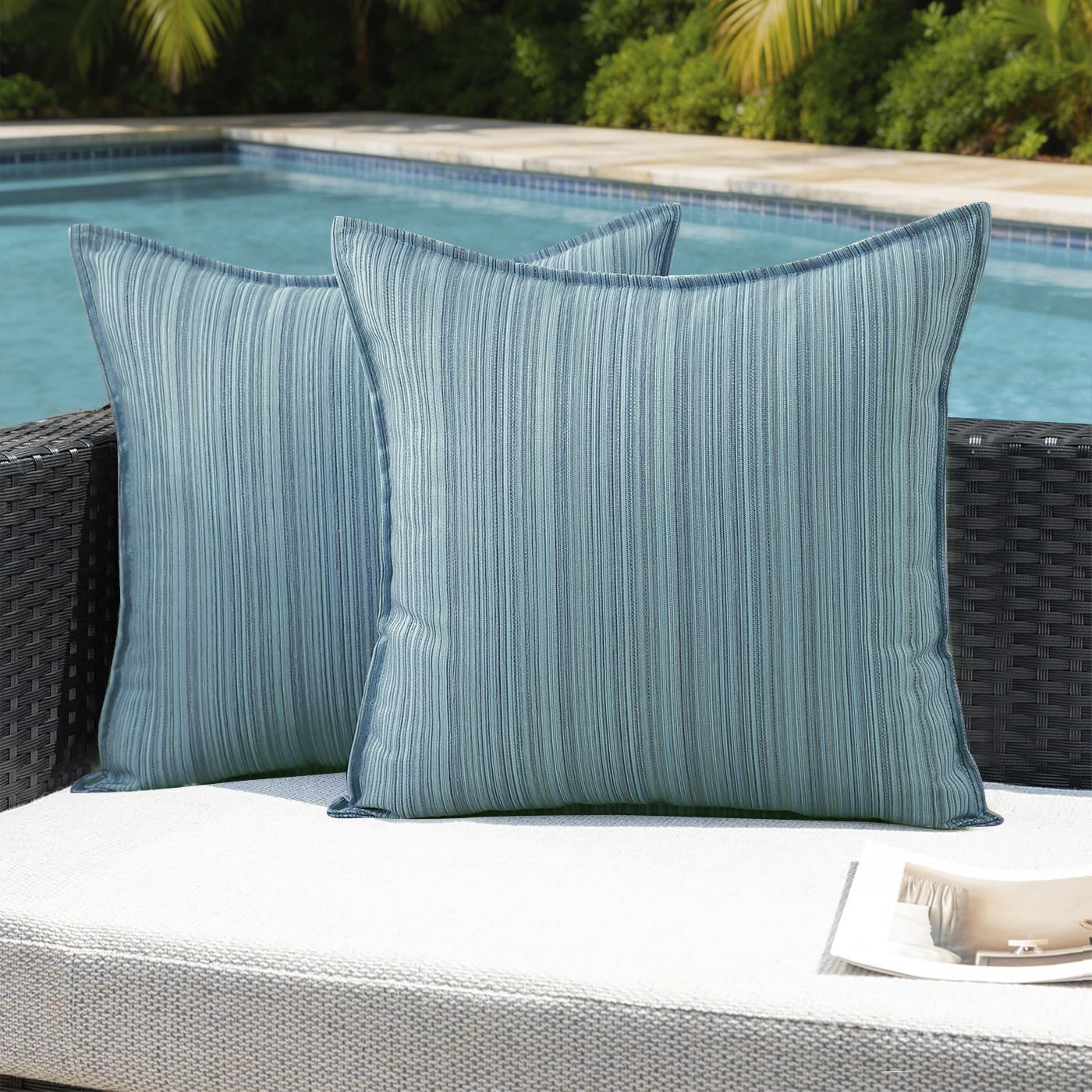 VAKADO Outdoor Waterproof Throw Pillow Covers 18x18 Set of 2,Chenille UV Decorative with Hem Patio Furniture Cushion Cases Decor for Bench Garden Tent Chair Seat Porch Couch,Stripe Beige