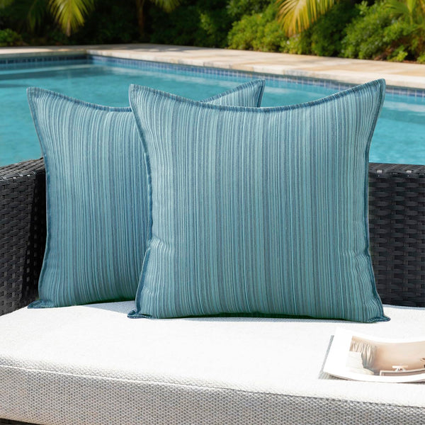 VAKADO Outdoor Waterproof Throw Pillow Covers 18x18 Set of 2,Chenille UV Decorative with Hem Patio Furniture Cushion Cases Decor for Bench Garden Tent Chair Seat Porch Couch,Stripe Beige