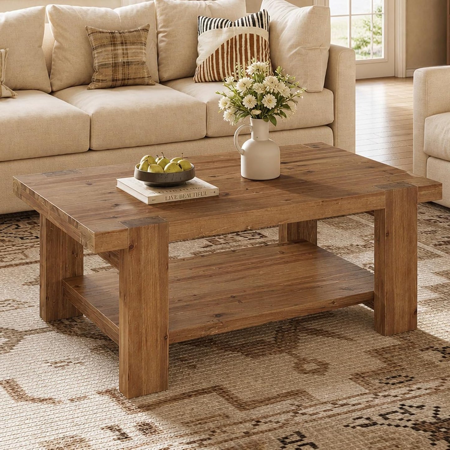 47" Large Coffee Table with Storage Shelf, Solid Wood Heavy-Duty Rustic Brown Farmhouse Living Room Furniture Center Table Holds Up to 350 lb