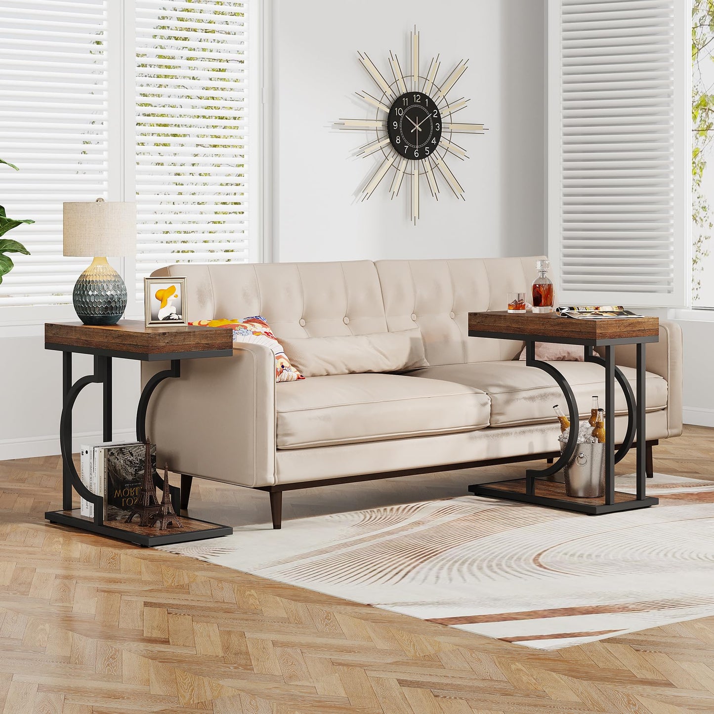 Tribesigns Narrow Side Table for Couch, C Shaped End Table with Metal Frame, Modern Bedside Tables, Small Sofa Tables for Small Spaces, Living Room (1, Brown+Black)