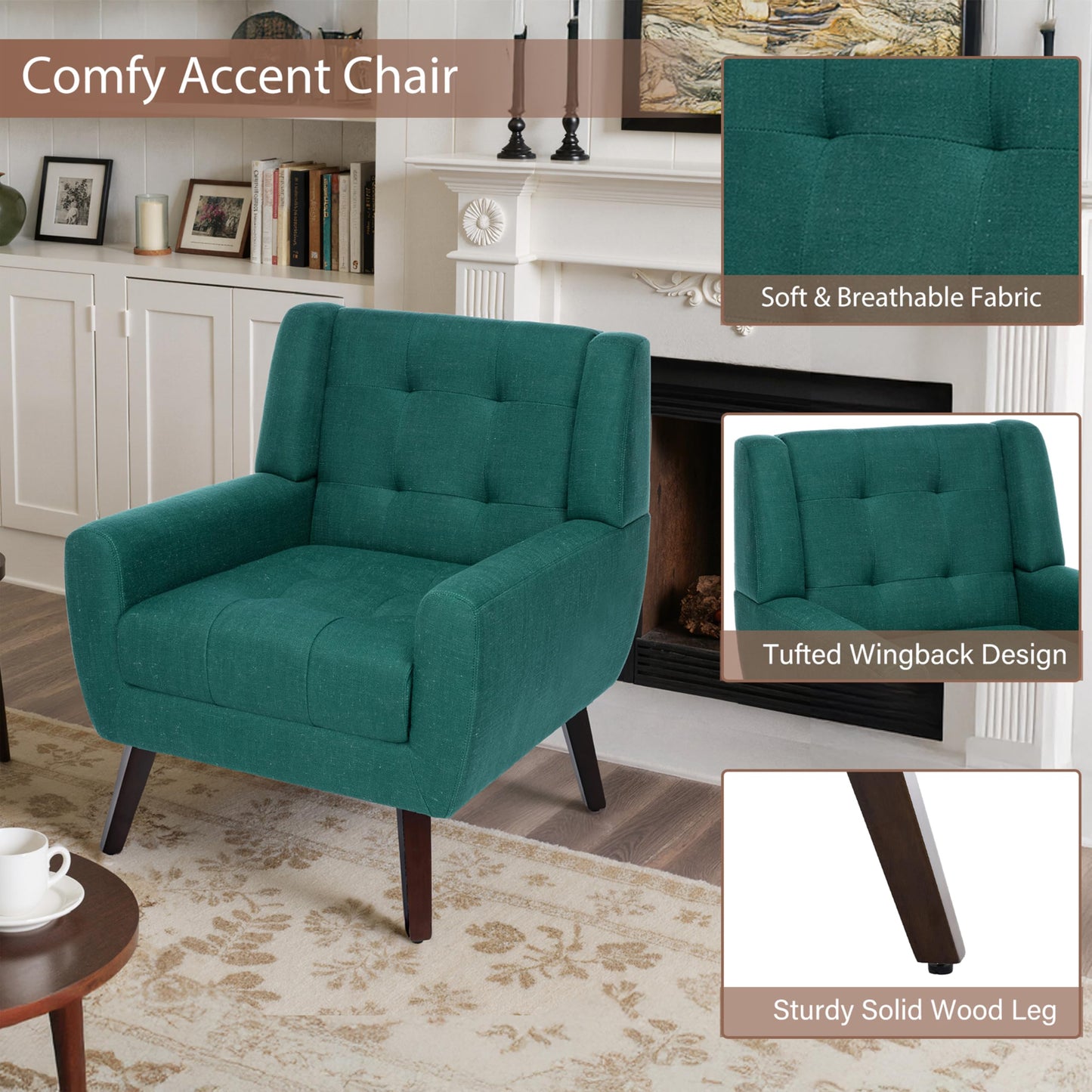 Faux Leather Accent Chairs Set of 2, Mid-Century Modern Upholstered Armchair, Comfy Living Room Chairs Reading Chairs with Button Tufted Back & Solid Wood Legs for Bedroom, Office, Black