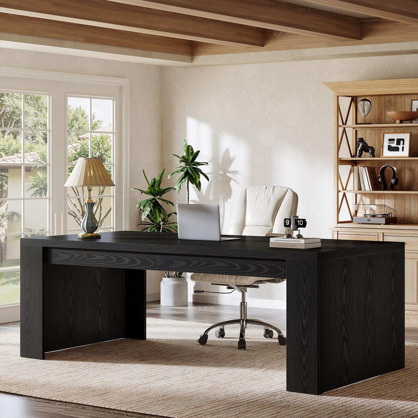 Tribesigns 70.9-Inch Executive Desk, Large Wooden Computer Office Desk with Sturdy Double Pedestal Legs, Writing Table Business Workspace Home Office Furniture for Home Office (Brown)