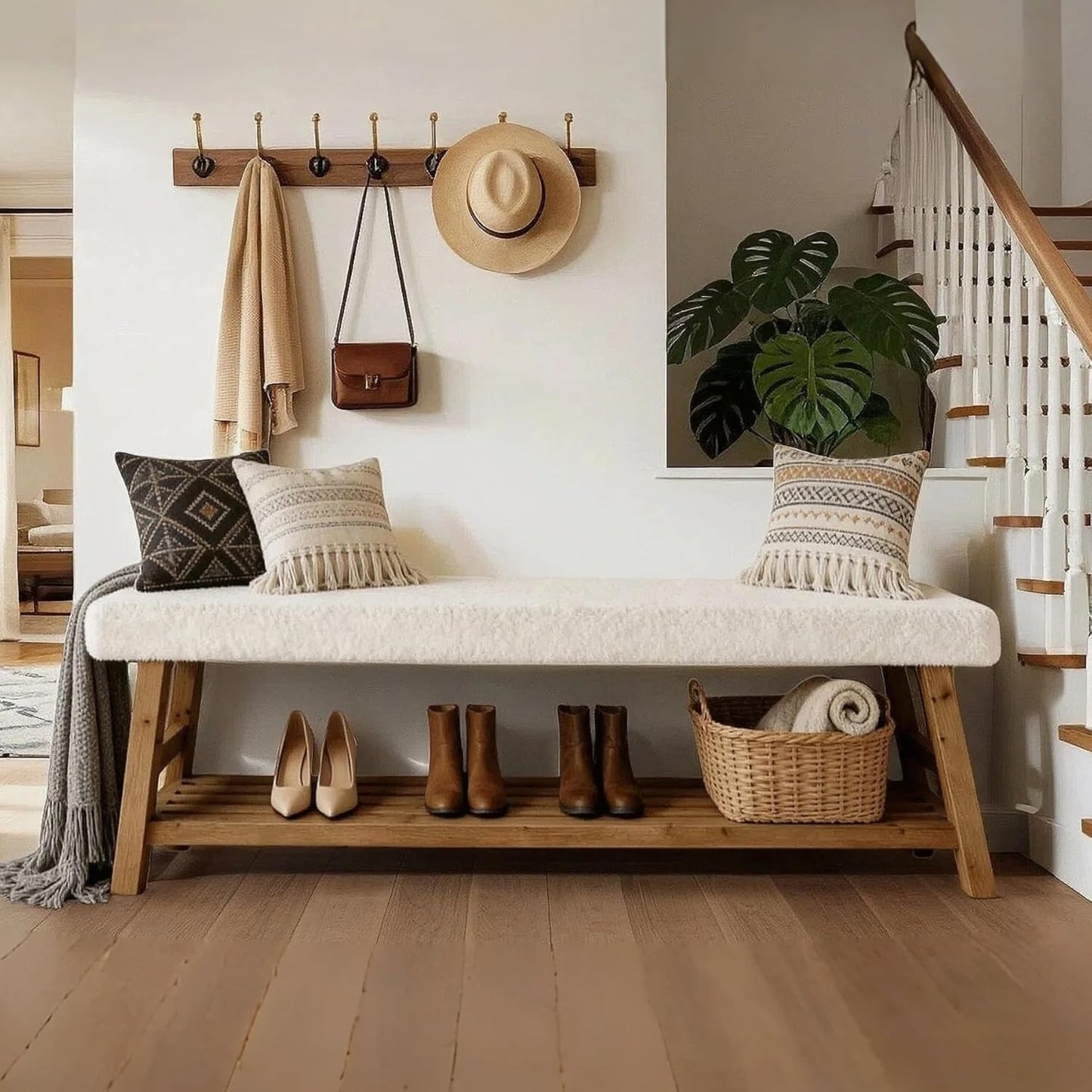 55-Inch Upholstered Entryway Bench, 2-Tier Solid Wood Shoe Bench with Cushion and Storage, Modern End of Bed Seating for Bedroom, Entryway, Hallway, Living Room, White & Brown