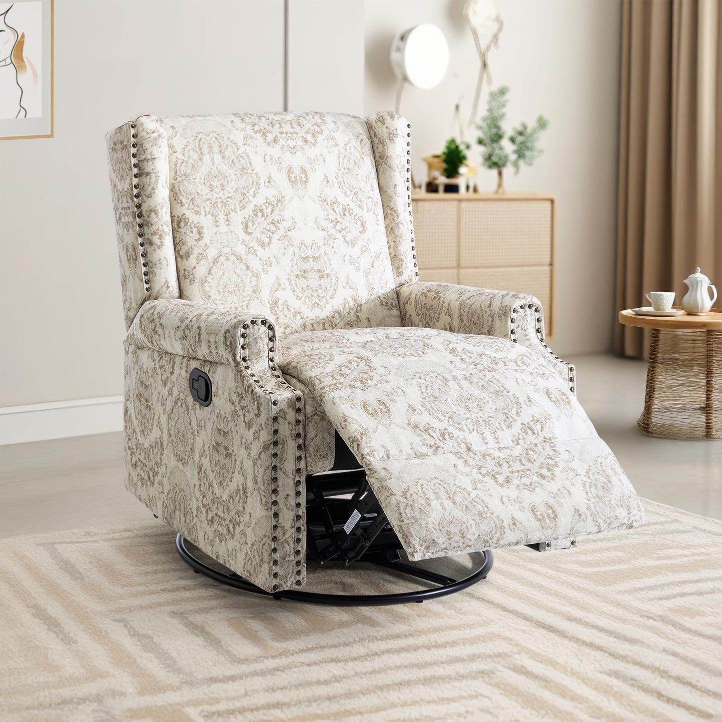 Swivel Rocker Recliner Chair, 360° Swivel Wingback Recliner Chairs for Adults, Upholstered Printed Fabric Glider Rocking Chair with High Back, Deep Seat for Living Romm Bedroom, Bird