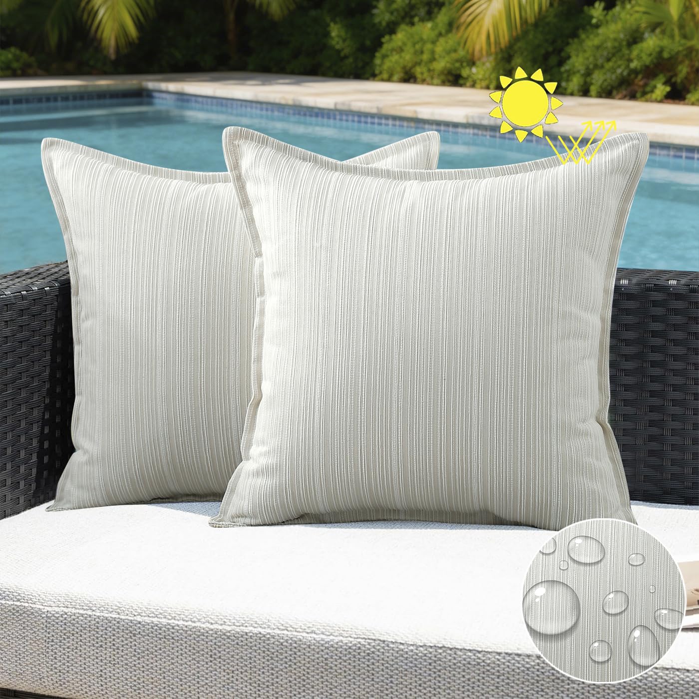 VAKADO Outdoor Waterproof Throw Pillow Covers 18x18 Set of 2,Chenille UV Decorative with Hem Patio Furniture Cushion Cases Decor for Bench Garden Tent Chair Seat Porch Couch,Stripe Beige