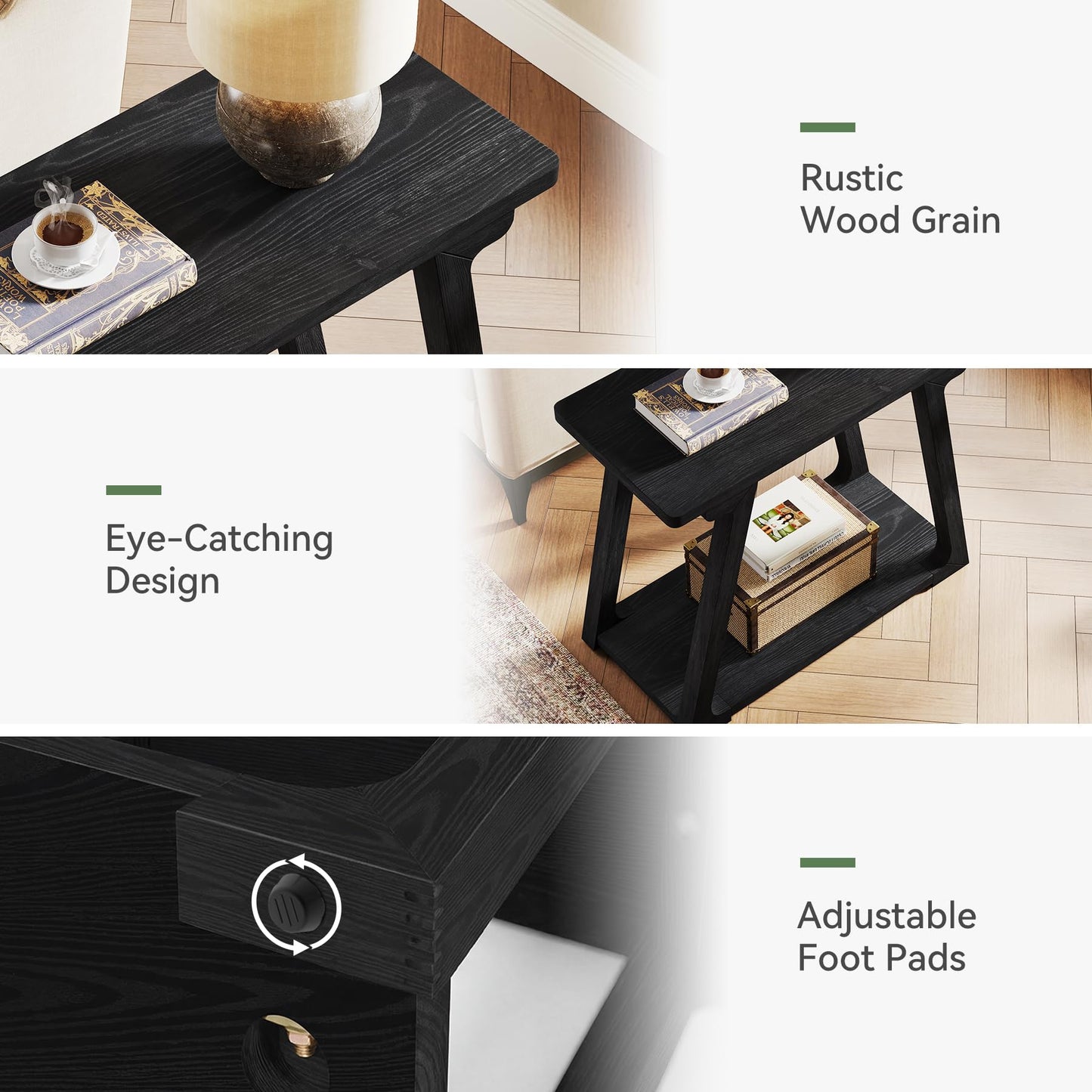 2-Tier Solid Wood End Table, Narrow Side Table, Farmhouse Rectangle Nightstand for Living Room, Bedroom, Easy Assembly, Trapezoidal Base (2, Natural Brown)