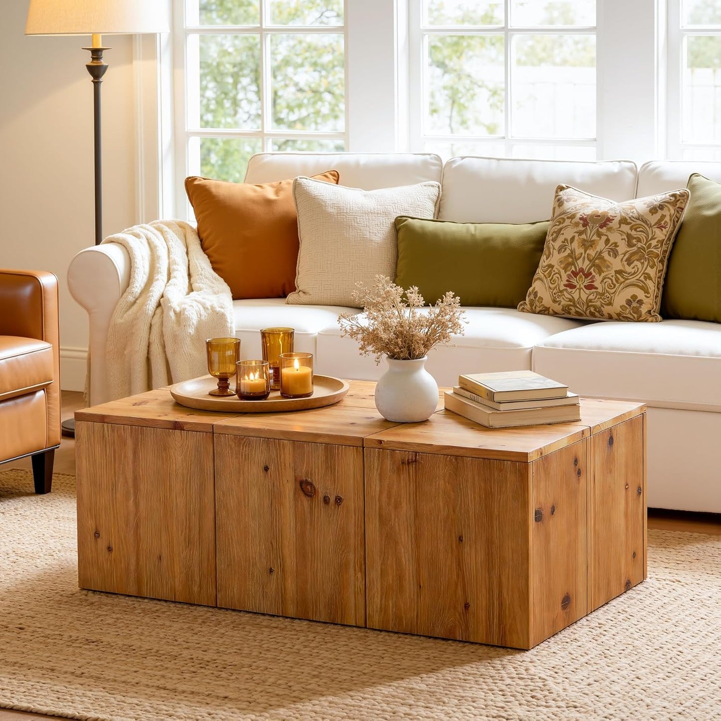 47-inch Rectangle Solid Wood Block Coffee Table, Farmhouse Center Table with Natural Wood Grain, Sturdy Wobble-Free Construction for Living Room, Retro Style
