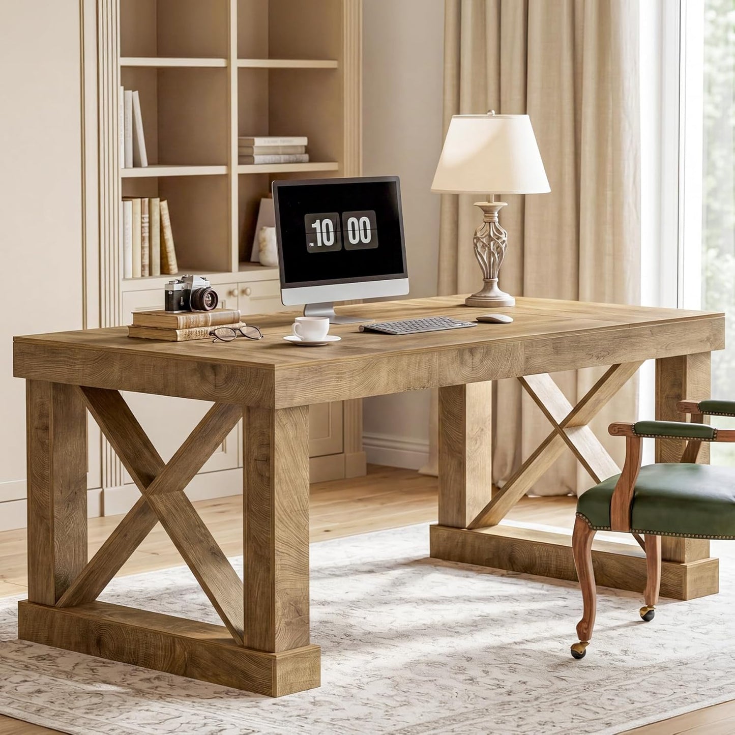 Tribesigns 63-Inch Executive Desk, Farmhouse Office Computer Desk with Sturdy Leg Structure, Rectangular Writing Table Business Furniture for Home Office, Wood Color
