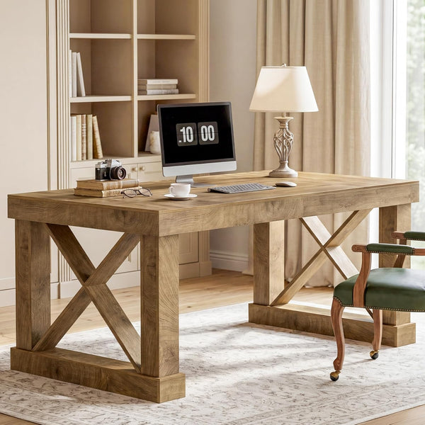 Tribesigns 63-Inch Executive Desk, Farmhouse Office Computer Desk with Sturdy Leg Structure, Rectangular Writing Table Business Furniture for Home Office, Wood Color
