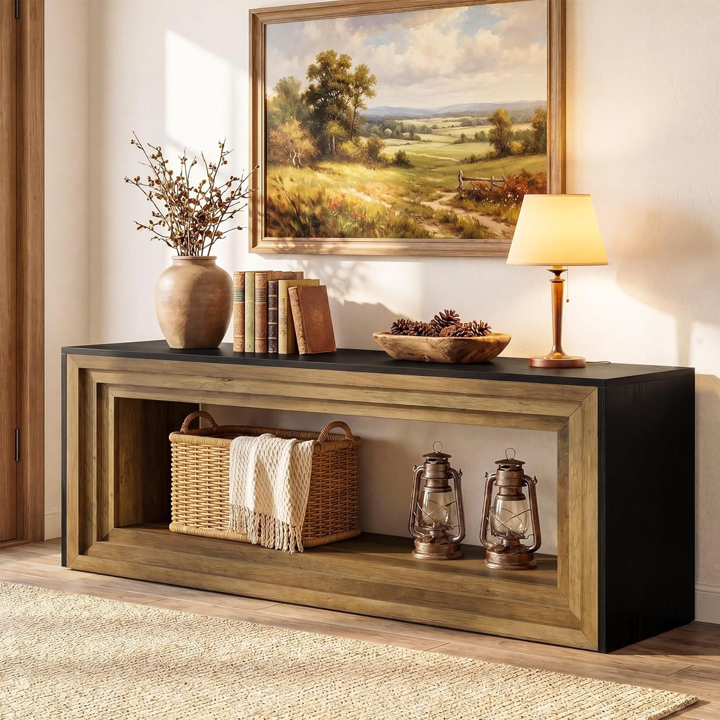 Tribesigns 2-Tier TV Stand for 75 Inch TV, 63" Entertainment Center with Storage Shelf, Farmhouse Media Cabinet, Console Table Behind Sofa, Television Stands for Living Room, Bedroom, Brown & Black