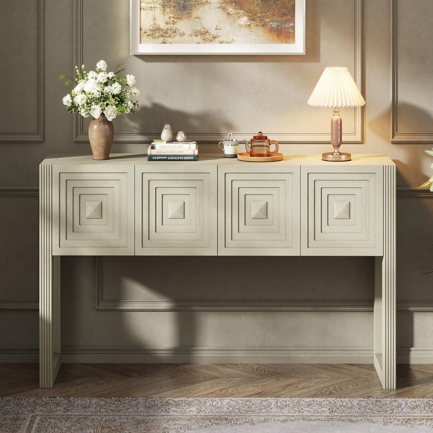 LKTART Solid Wood Farmhouse Console Table,Sofa Table with Storage Drawers and Shelves,Entryway Table for Entry Hallway Foyer Sofa Side Table,EasyAssembled (48" Navy Blue)