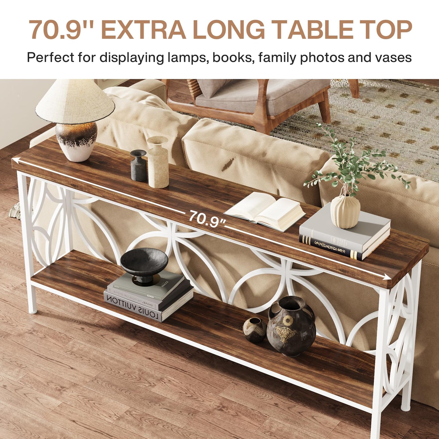 Tribesigns 70.9-Inch Narrow Sofa Table, Industrial Long Sofa Table Behind Couch, Entry Console Table with Storage for Entryway, Living Room, Foyer, Unique Design, Rustic Brown
