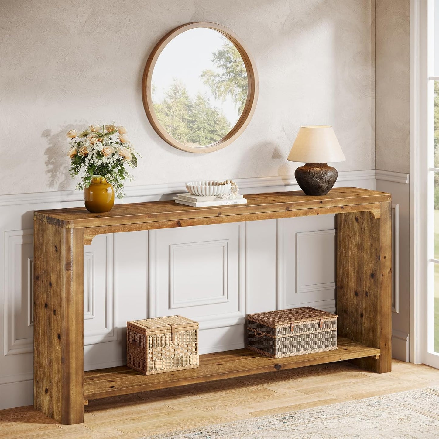2-Tier Wooden Sofa Table, 63" Behind the Couch Table, Farmhouse Console Table, Solid Wood Entryway Table with Storage for Living Room, Entrance, Foyer, Hallway (Rustic Brown)
