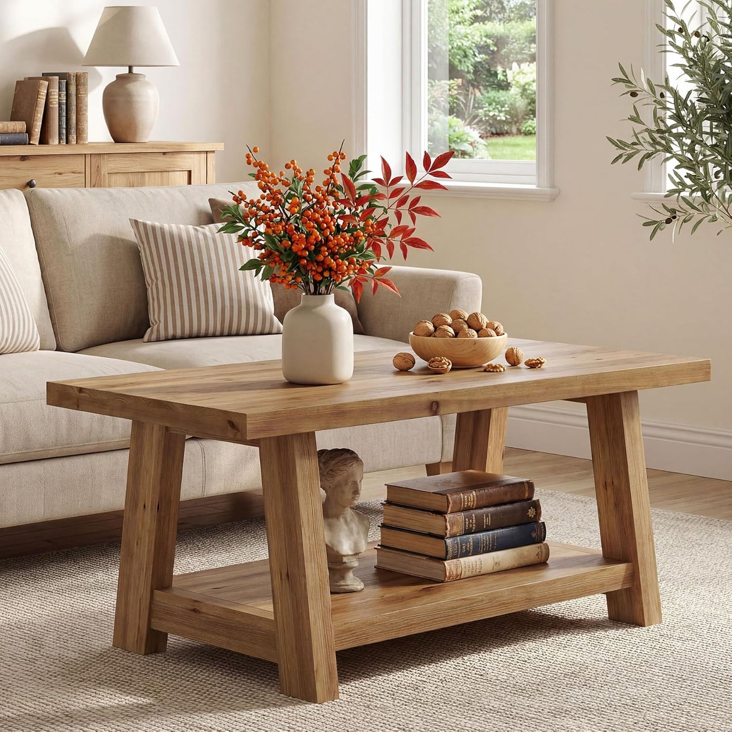 Rustic Solid Wood Coffee Table, 2-Tier Rectangle Accent Center Table with Lower Storage Shelf, Farmhouse Simple Cocktail Tea Tables with Sturdy Legs for Living Room, Brown