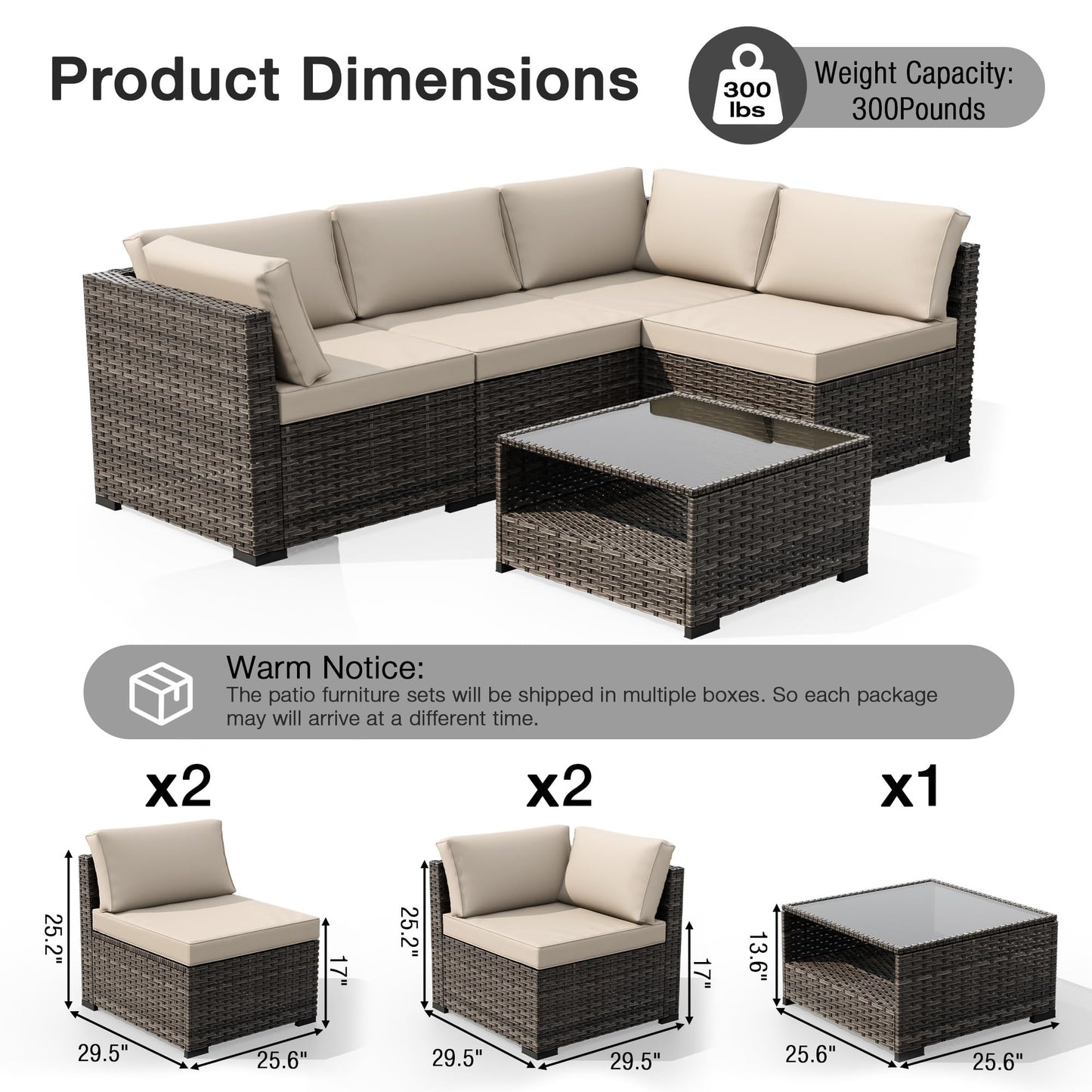 Joyside 5-Piece Patio Furniture Set, Rattan Outdoor Sectional Wicker Patio Conversation Set with Cushions and Coffee Table