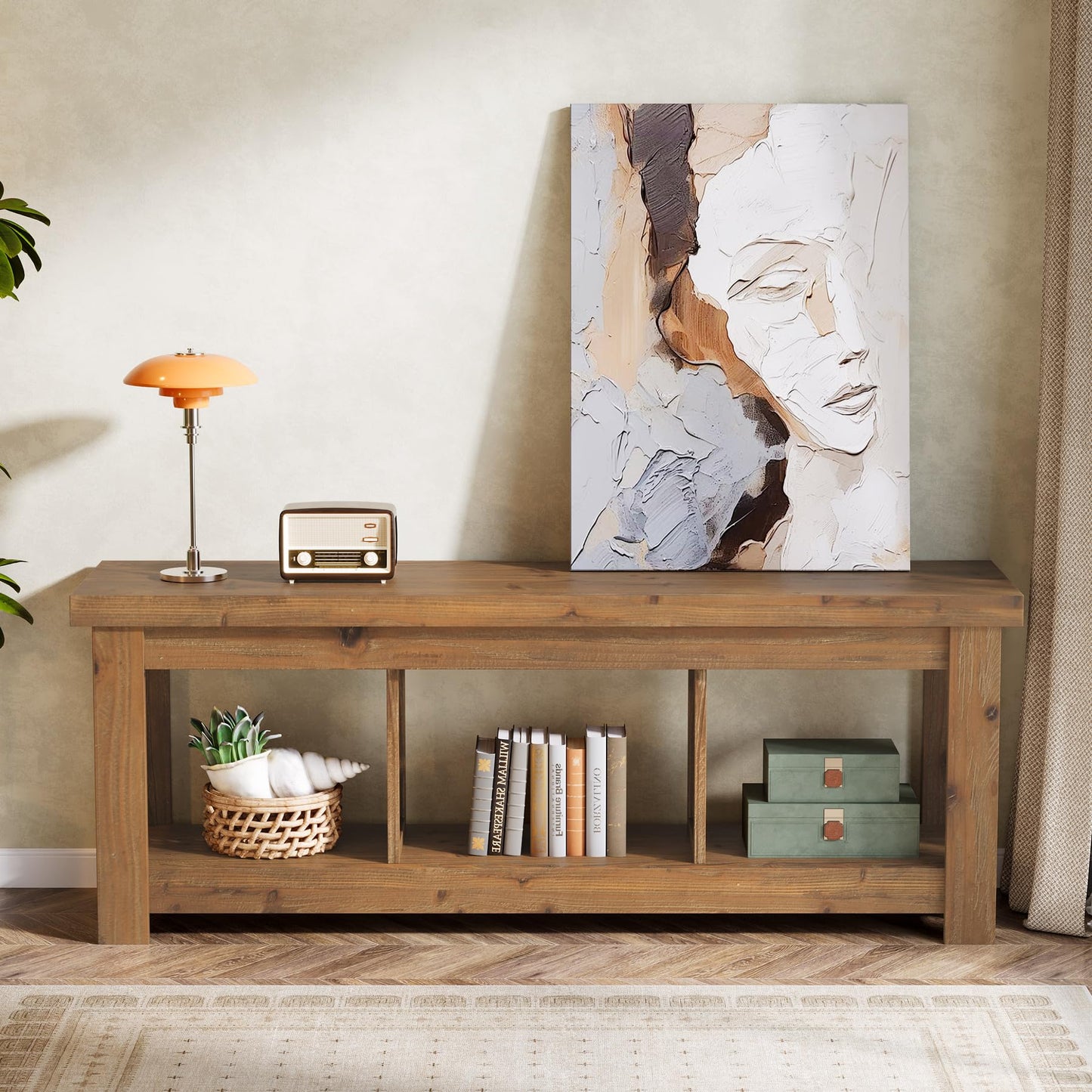 Solid Wood Console Table, 63-Inch Entryway Table with Storage, Long Wooden Sofa Table Behind Couch for Entryway, Hallway, Foyer, Living Room, Natural Wood