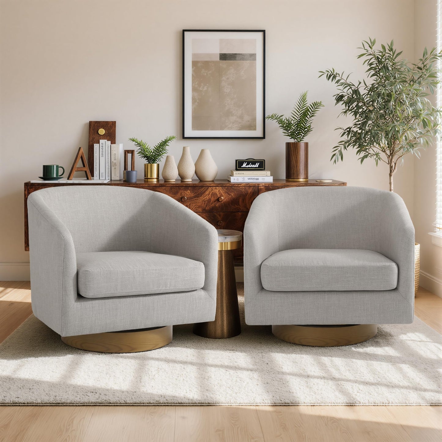 Swivel Barrel Chairs Set of 2, 31" W Modern Faux Leather Round Swivel Accent Chair for Living Room, 360° Rotation Upholstered Armchair Club Chair for Bedroom, Reading Room, Office (Brown)