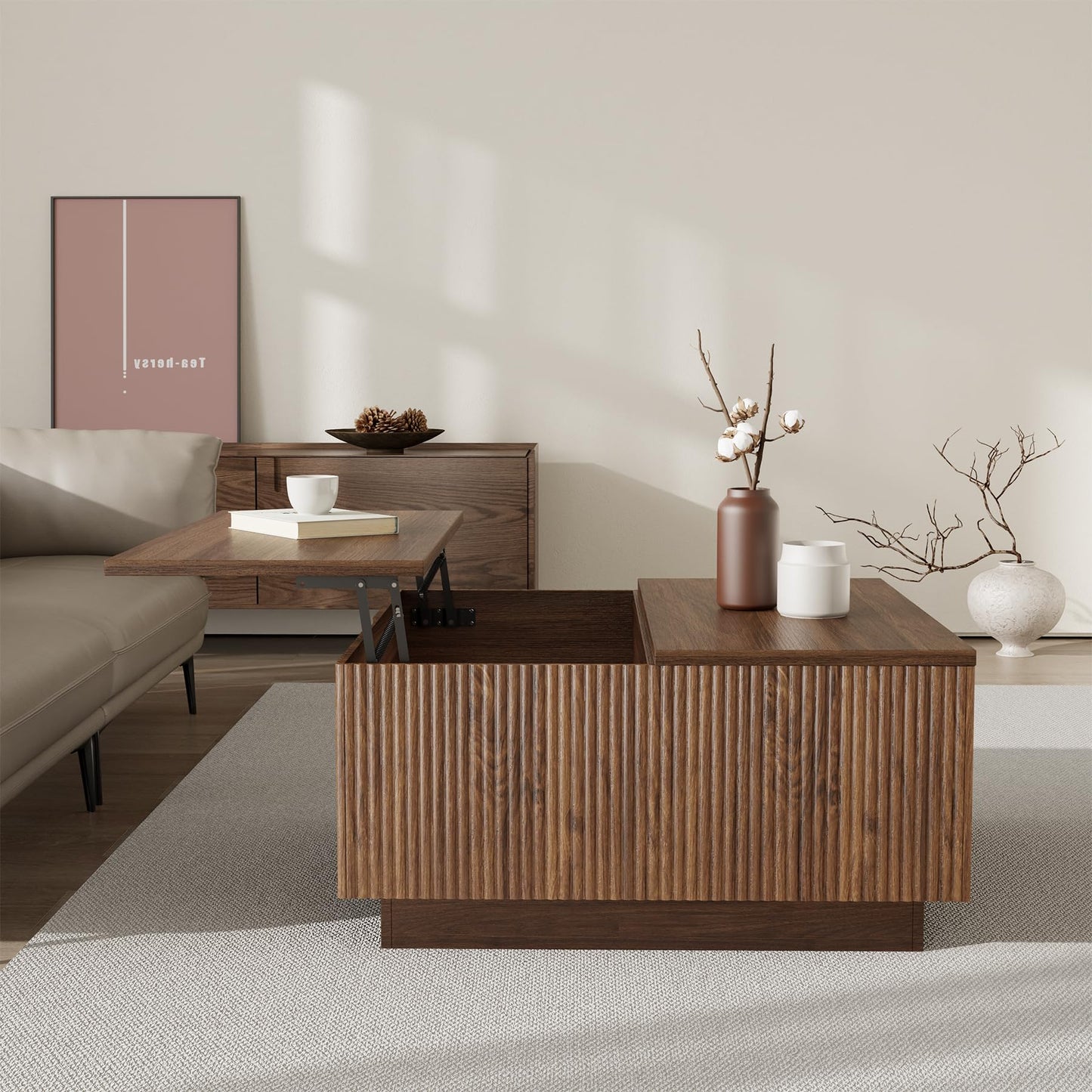 Epecoya Lift Top Coffee Table, Farmhouse Square Fluted Center Table, 31" Modern Wooden Tea Table with Hidden Storage for Living Room, Apartment, Small Spaces, Brown Walnut