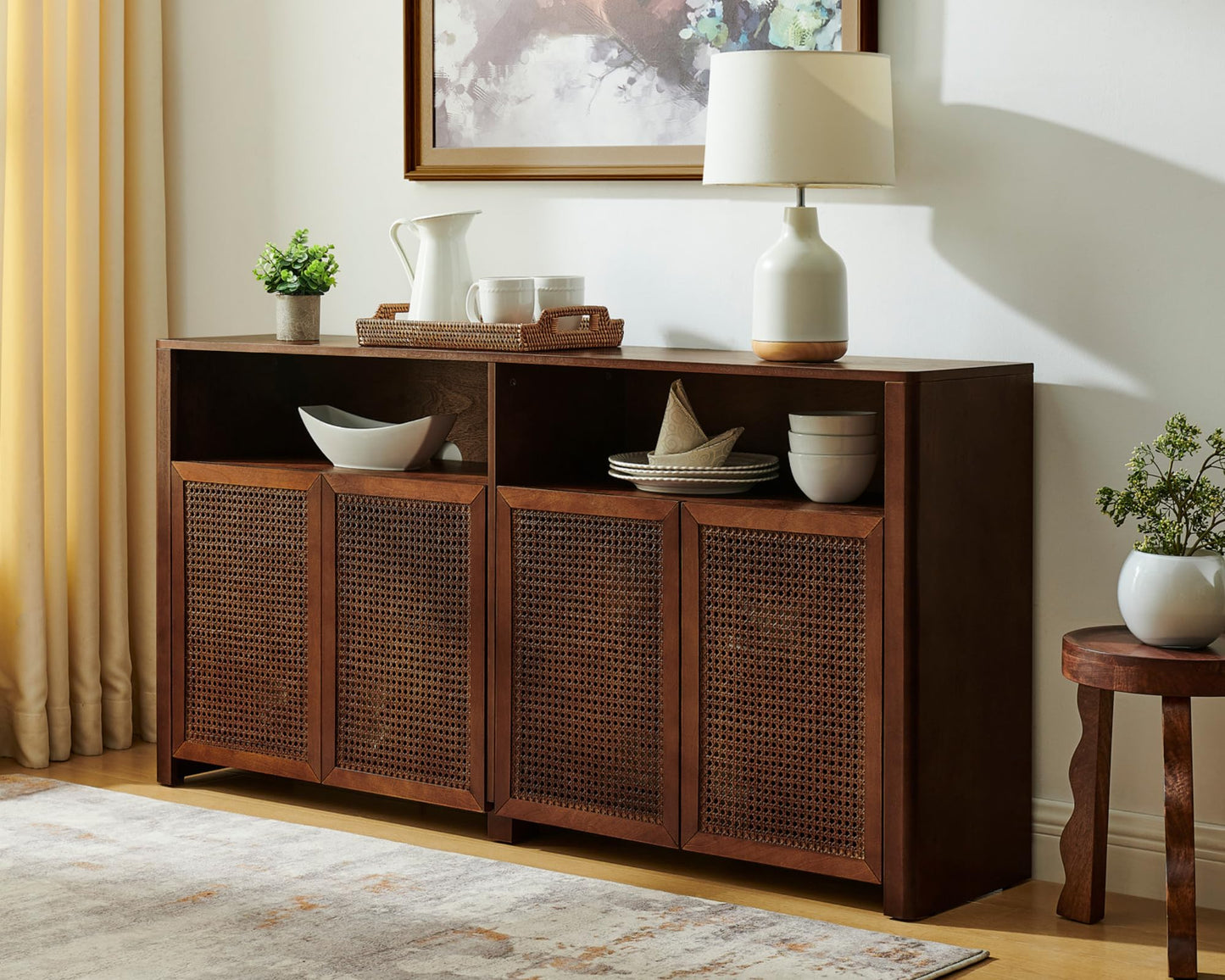 LKTART 63" Rattan Sideboard Buffet Cabinet,Kitchen Storage Cabinet,Wood Coffee Bars with 4 Doors & Open Storage Shelves,Mid Century Modern Credenza Console Table for Living Room,Walnut
