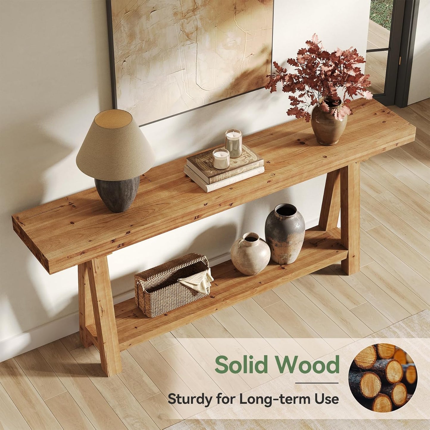 70.9-Inch Solid Wood Console Table for Entryway, Farmhouse Long Sofa Table with Shelves for Living Room, Hallway, Foyer, Easy Assembly