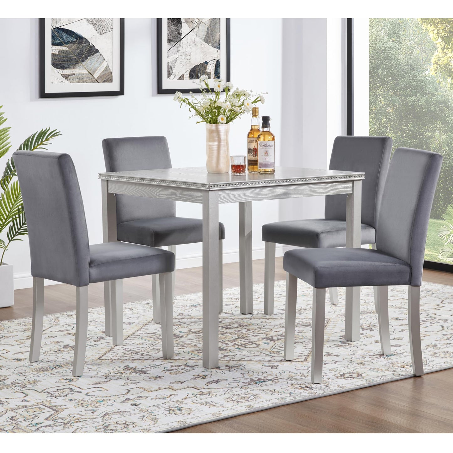 LKTART 5-Piece Kitchen & Dining Room Table and Chairs Sets,Small Square Kitchen Table with 4 Upholstered XX-Shaped Backrest Chairs,Walnut