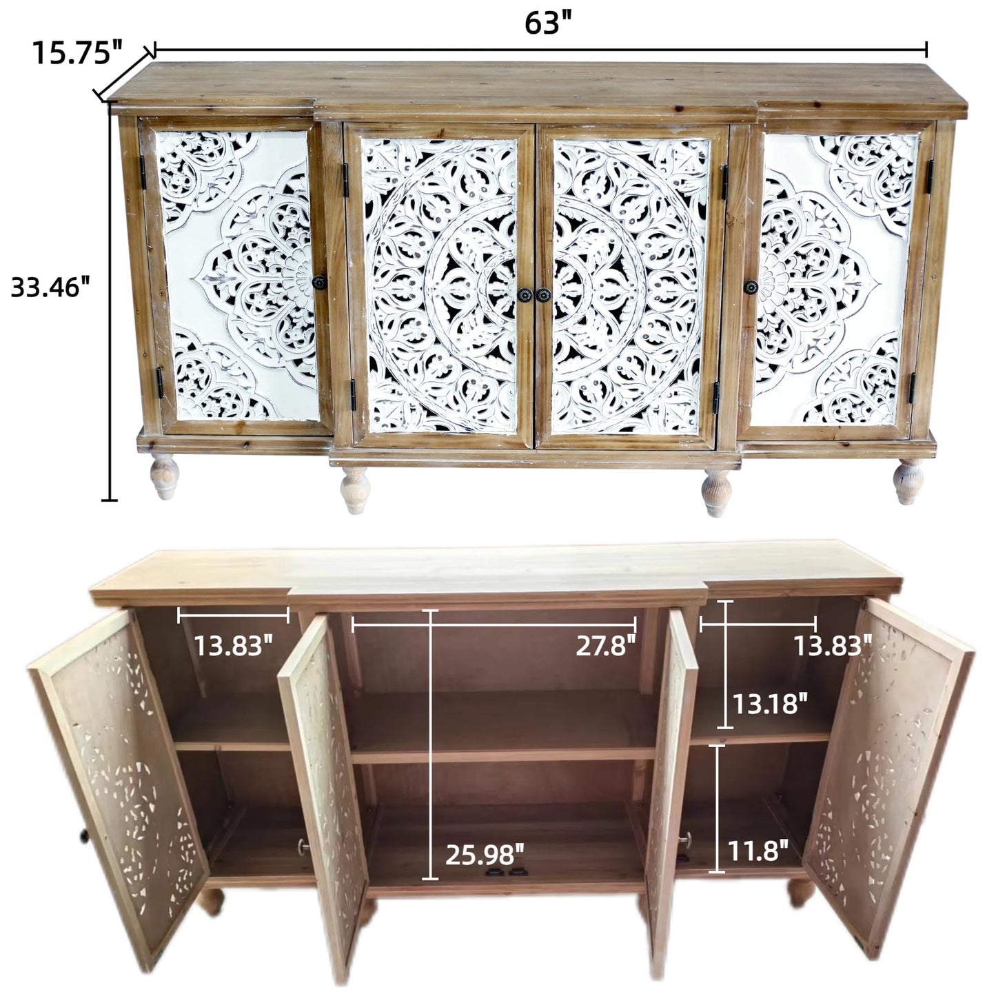 LKTART 60" Farmhouse Sideboard Buffet,Solid Fir Wood Frame with Hollowed-Out Carved Doors,Hand-Distressed Design,Versatile Storage Cabinet for Kitchen, Living Room,Natural Wood