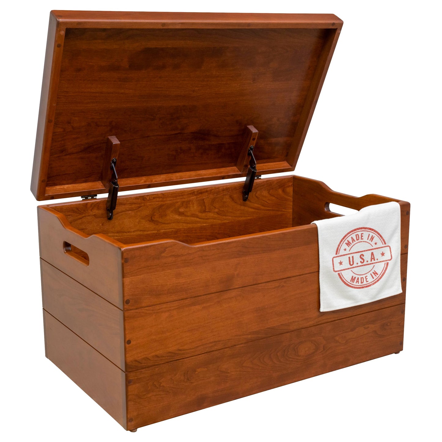 Wooden Storage Chest Trunk Box with Lid and Handles. Handmade, Rustic, Oak Wood, Cherry Stain, 30"