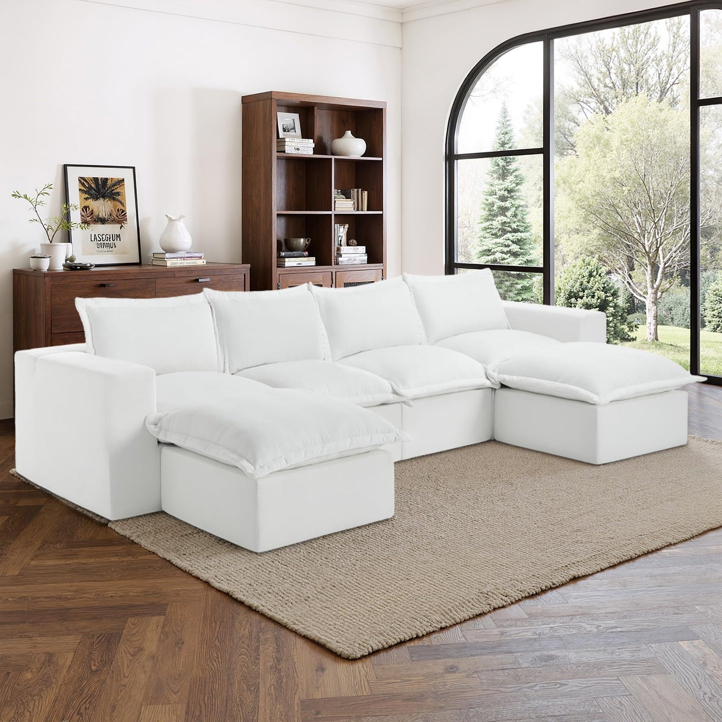 116" Modular Sectional Sofa, Comfy L Shaped Modular Coush Sofa with Ottoman, 3-Seat Chenille Cloud Couches Deep Seat Sofa for Living Room, Apartment, Small Spaces, Beige