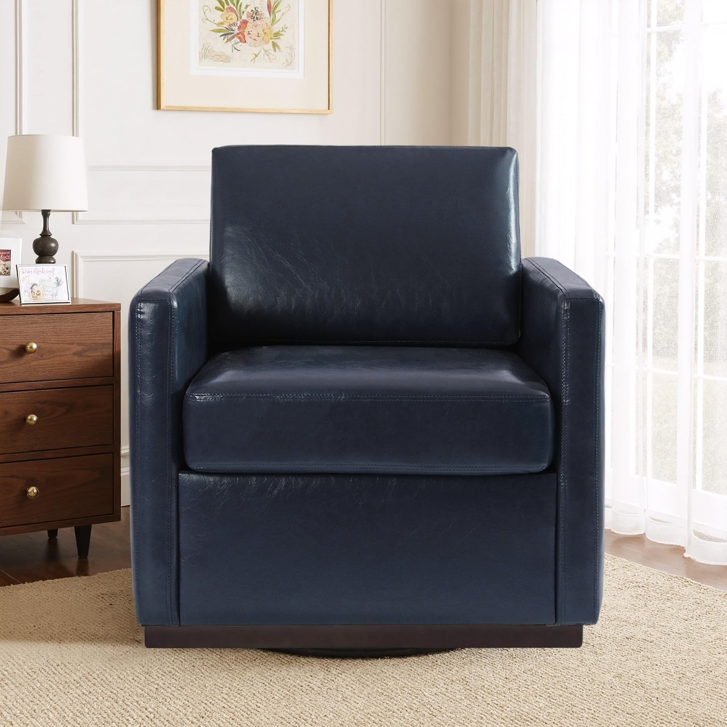 Faux Leather Swivel Accent Chairs Set of 2, 360° Swivel Upholstered Club Armchairs for Living Room, 31" Wide Square Single Sofa Reading Chair with Deep Seat, Metal Swivel Base, Navy