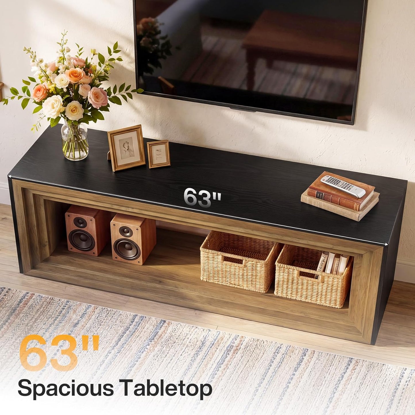 Tribesigns 2-Tier TV Stand for 75 Inch TV, 63" Entertainment Center with Storage Shelf, Farmhouse Media Cabinet, Console Table Behind Sofa, Television Stands for Living Room, Bedroom, Brown & Black